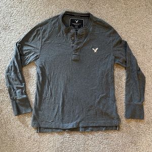 American Eagle Grey Long Sleeve Half Button Shirt L